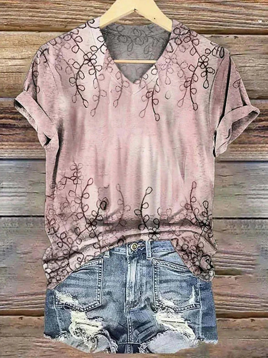 Vintage Leaf Print V-neck Short Sleeve T-Shirt