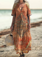 Women's Retro Ethnic Totem Art Print Short Sleeve Cotton Dress