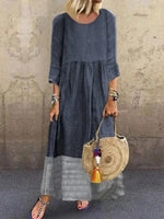 Casual Loose Plain Crew Neck 3/4 Sleeve Linen Paneled Weaving Maxi Dress