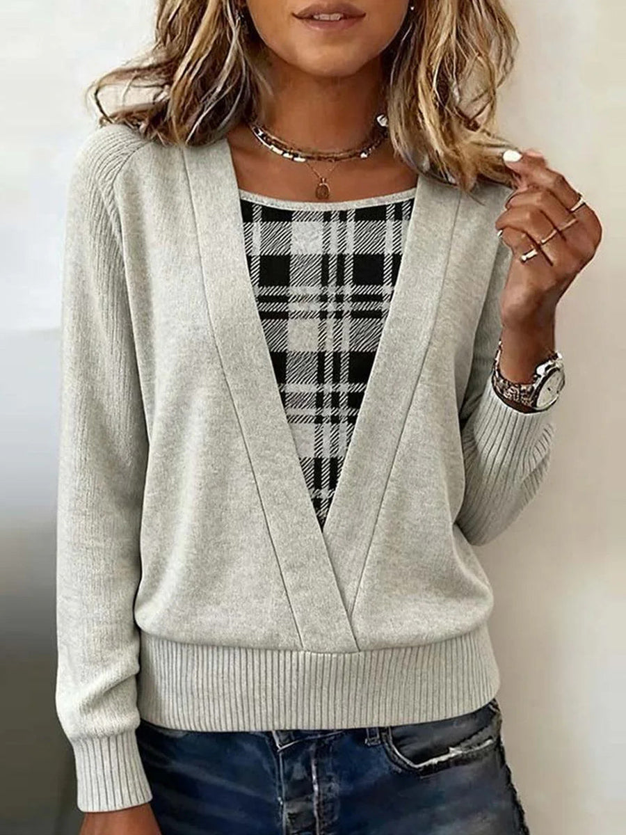 Grey Plaid Long Sleeve Top