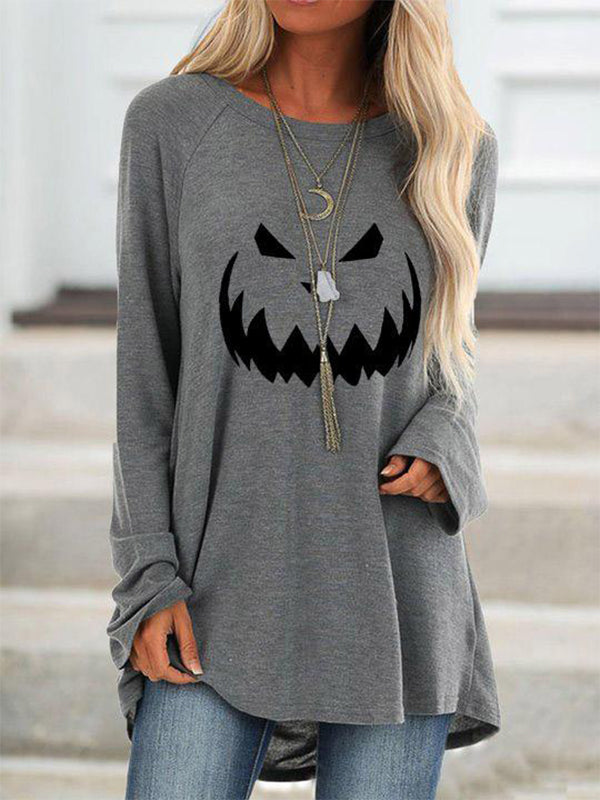 Gray Casual Graphic Tops Round Neck Long Sleeve Monster Printed Halloween Sweatshirt