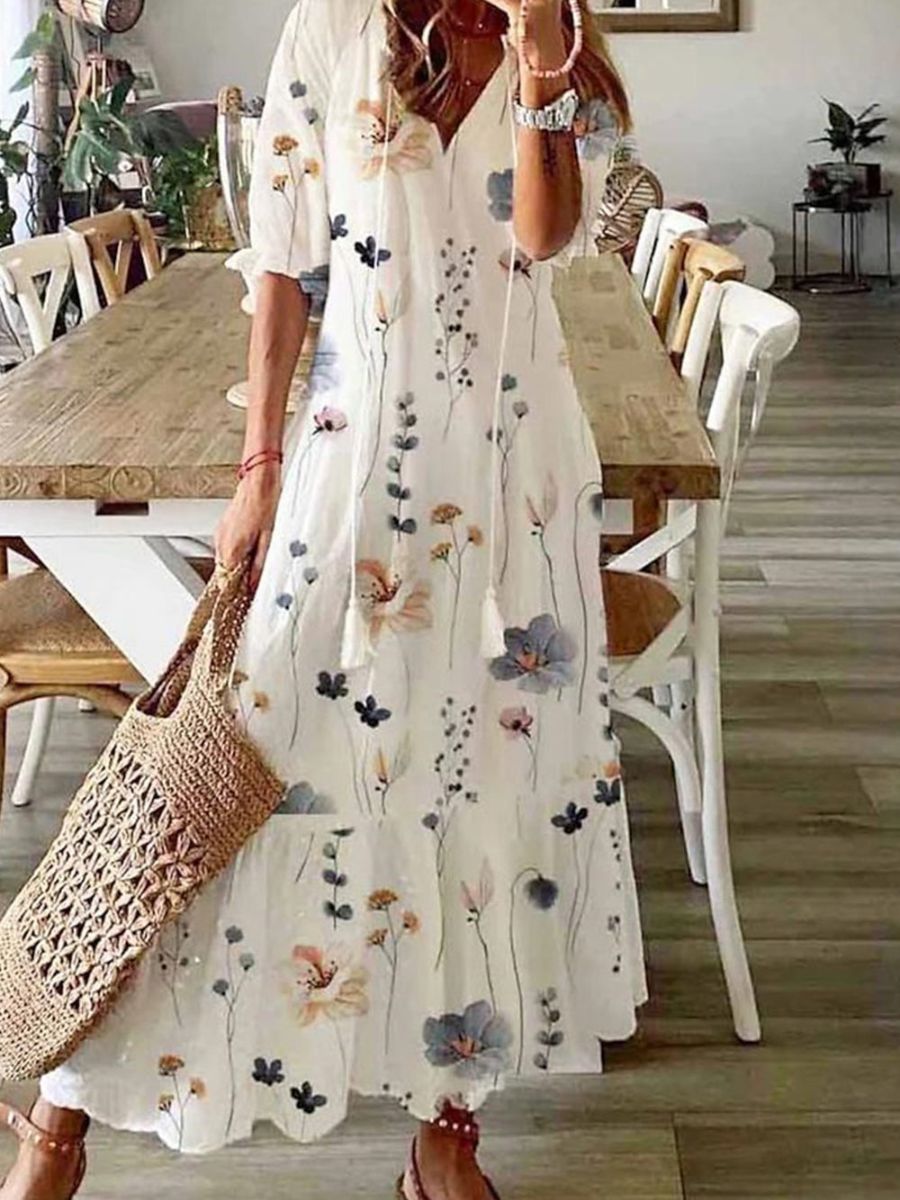 Women’s Floral Print V-Neck Half Sleeve Casual Maxi Dress