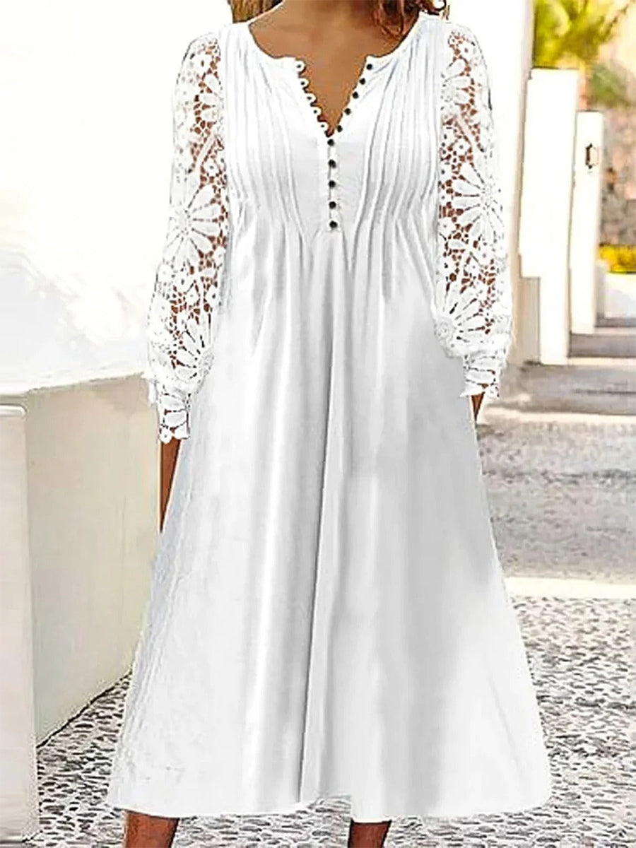 White Fantasy Lace V Neck Midi Dress