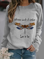 Gray Casual Round Neck Dragonfly Printed Long Sleeve Sweatshirts
