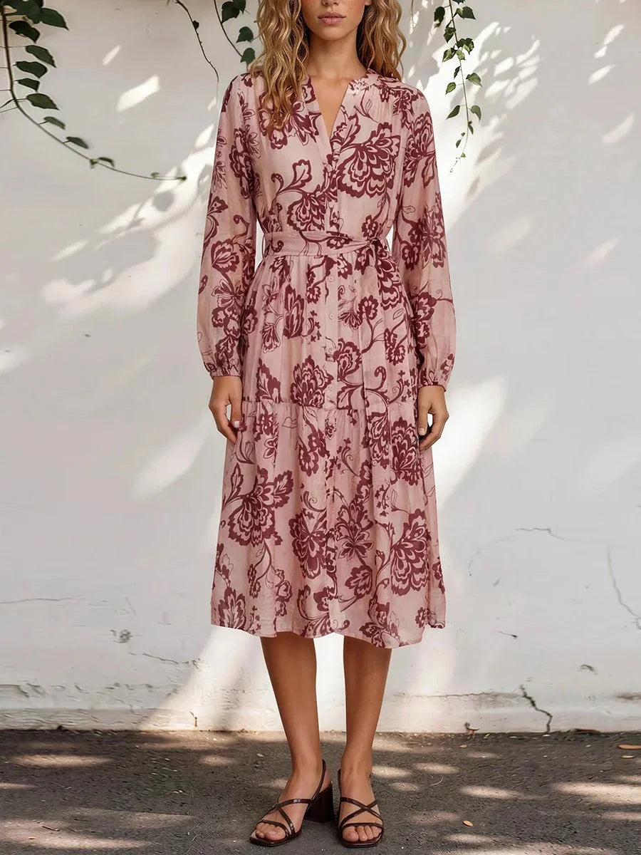Pink Burgundy Floral Wrap Belted Long Sleeve Midi Dress