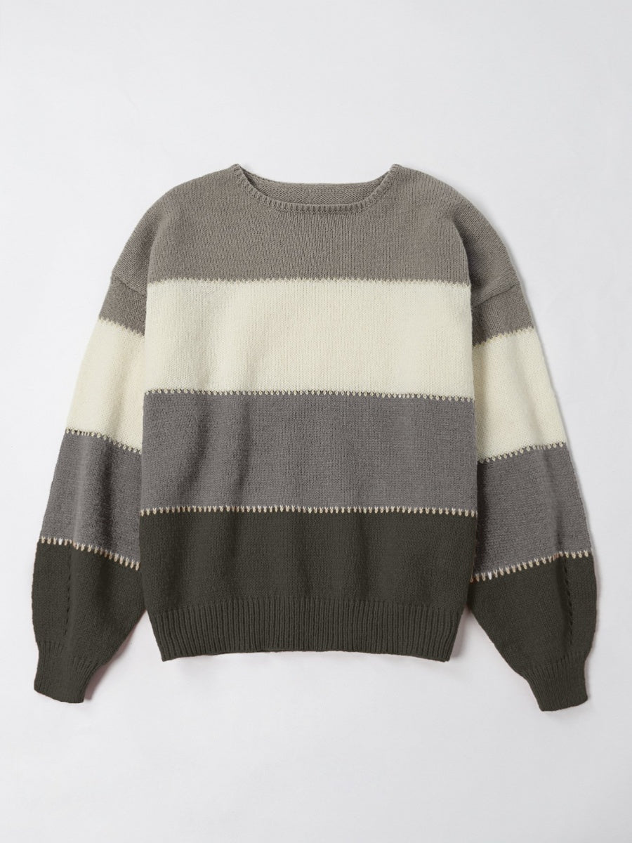Women Yarn Color Block Long Sleeve Comfy Casual Sweater