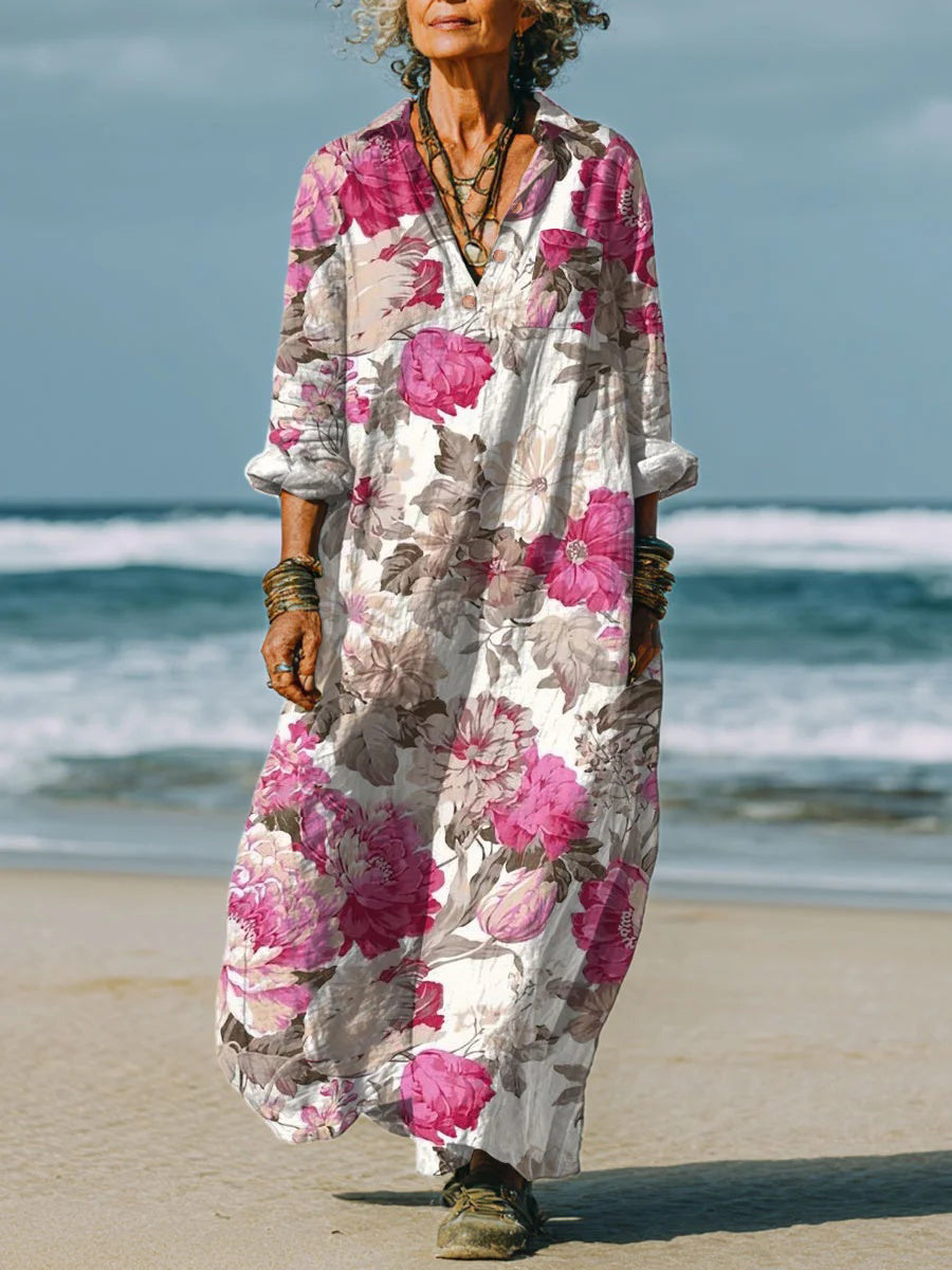 Women's Vintage Flower Art Print Long Sleeve Casual Dress