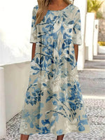 Floral Print Crew Neck Half Sleeve Vintage Comfy Maxi Dress