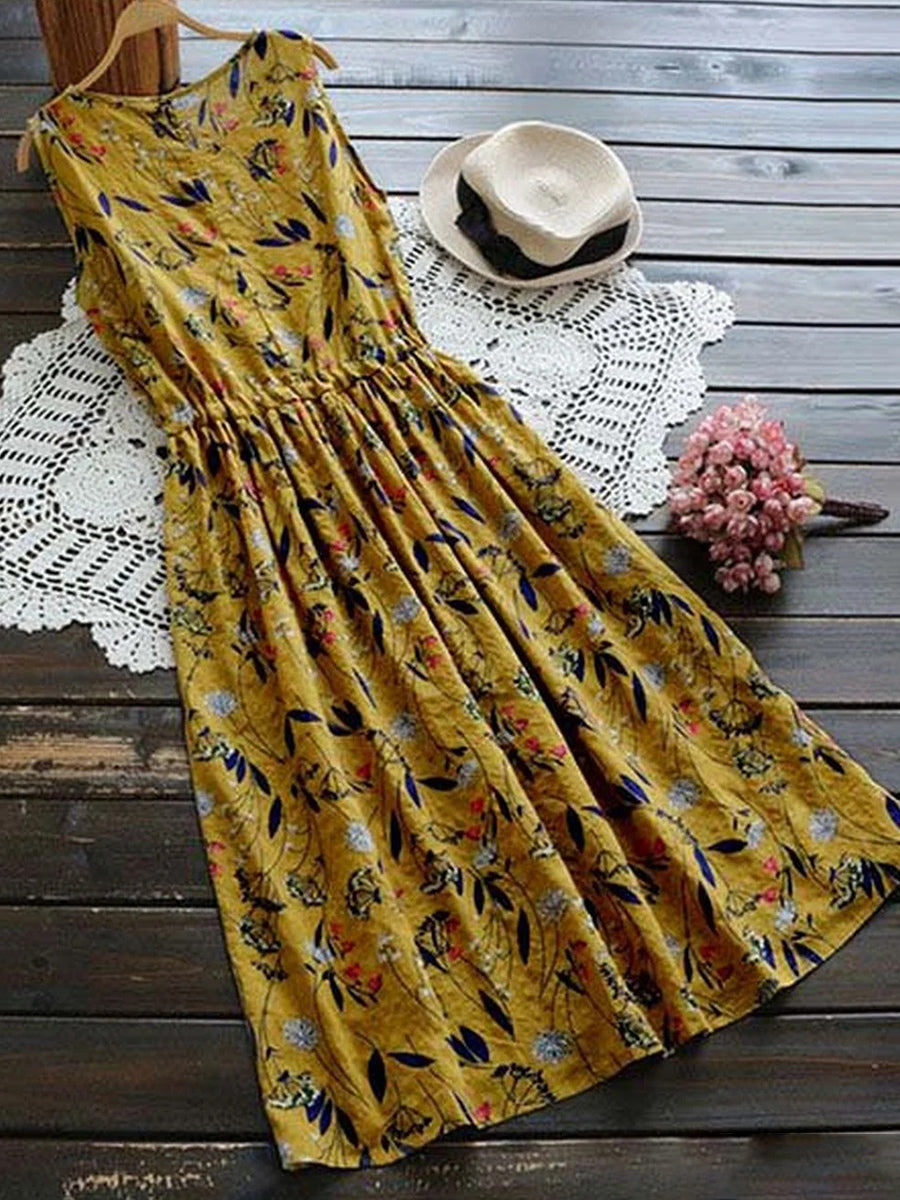 Women Summer Sleeveless Vintage Floral Midi Dress