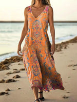 Stunning V-neck Sleeveless Orange Midi Dress