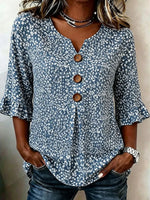 Blue Ditsy Floral Ruffle-Sleeve V-neck Blouse