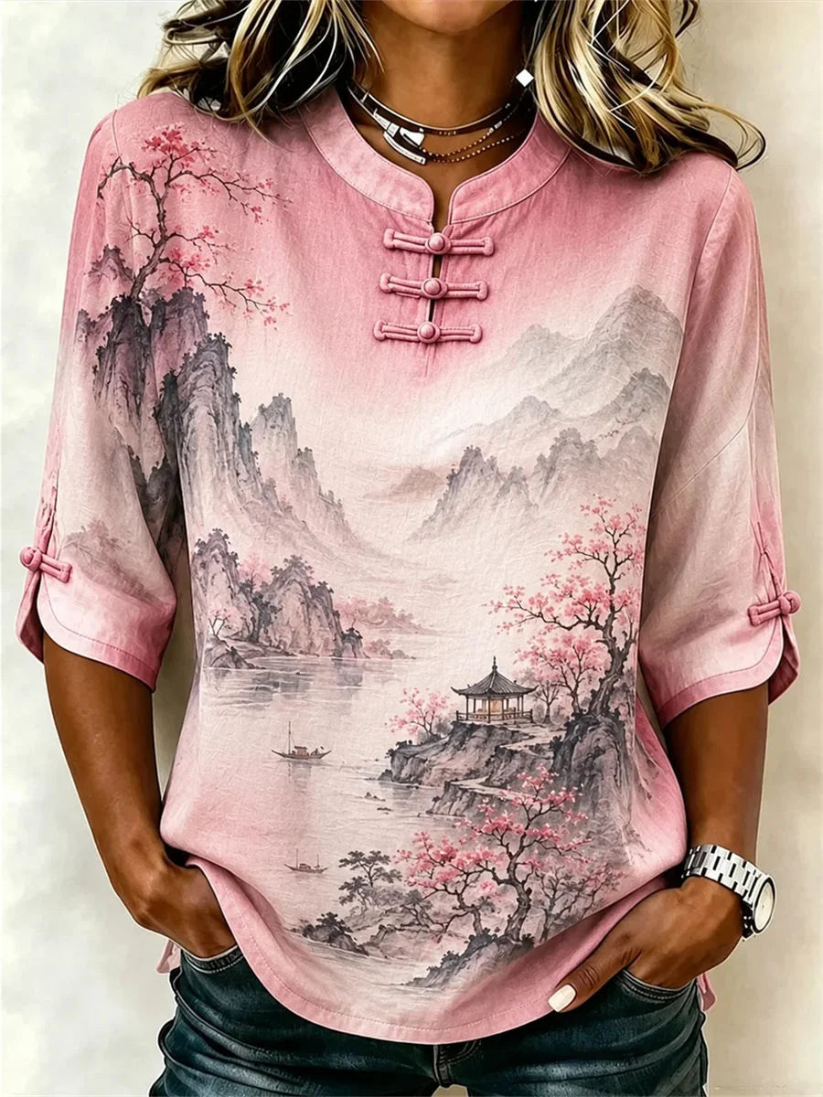 Crew Neck 3/4 Sleeve Floral Regular Regular Fit Blouse For Women