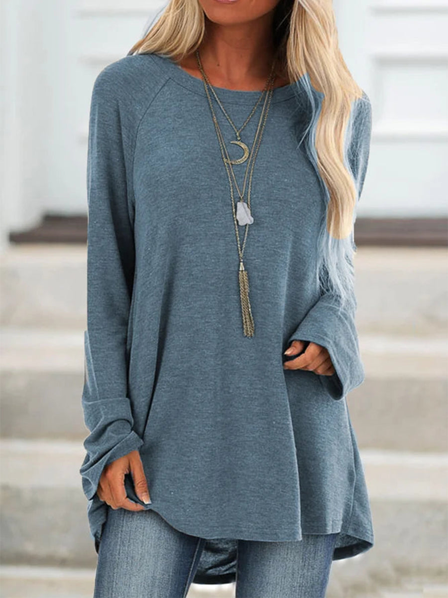 Solid Round Neck Loose Long Sleeves T-shirt