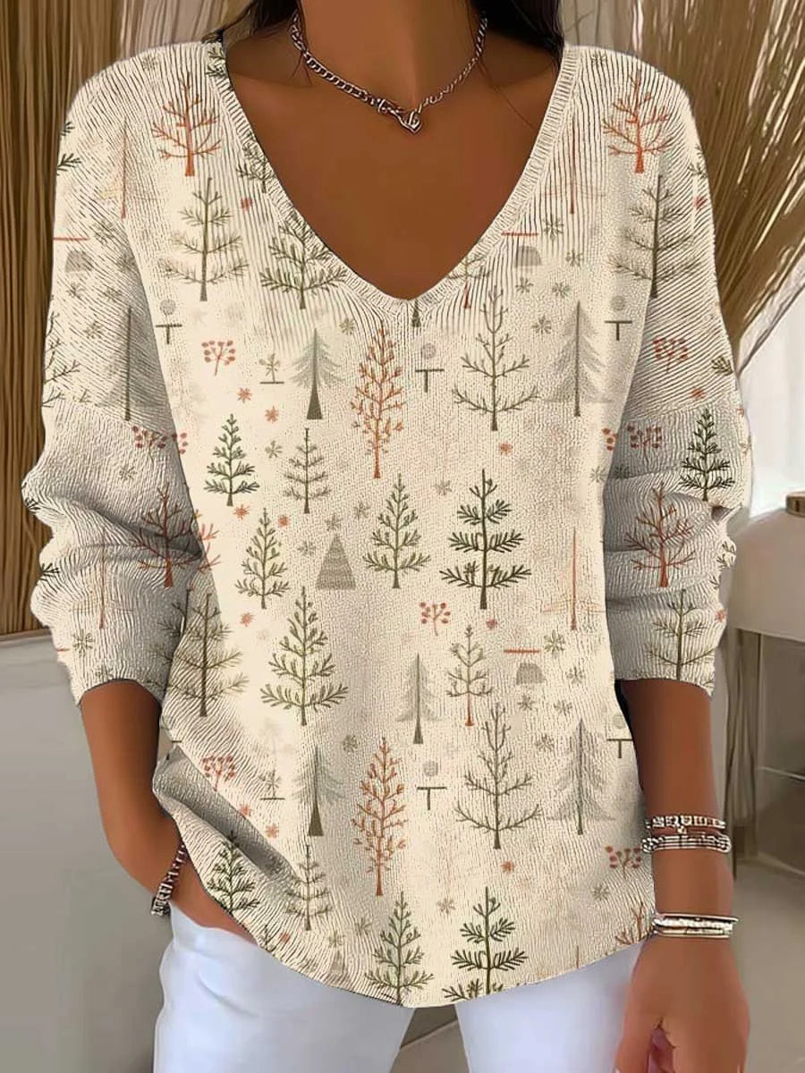 Women's Christmas Tree Art Print Casual V-neck Long Sleeve Pullover Sweater