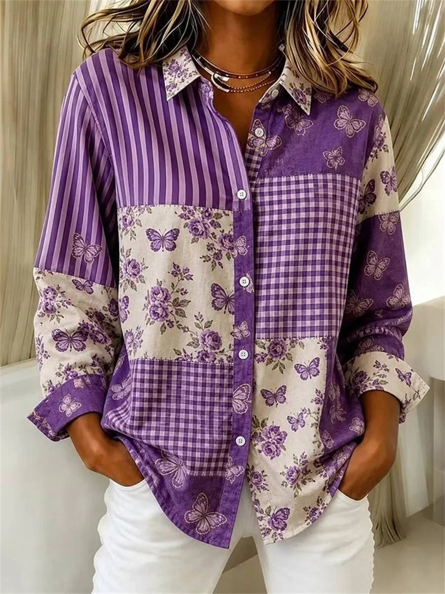 Women's Casual Floral Butterfly Striped Checkered Long Sleeve Patchwork Shirt