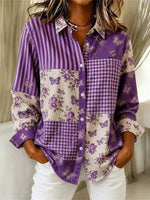 Women's Casual Floral Butterfly Striped Checkered Long Sleeve Patchwork Shirt