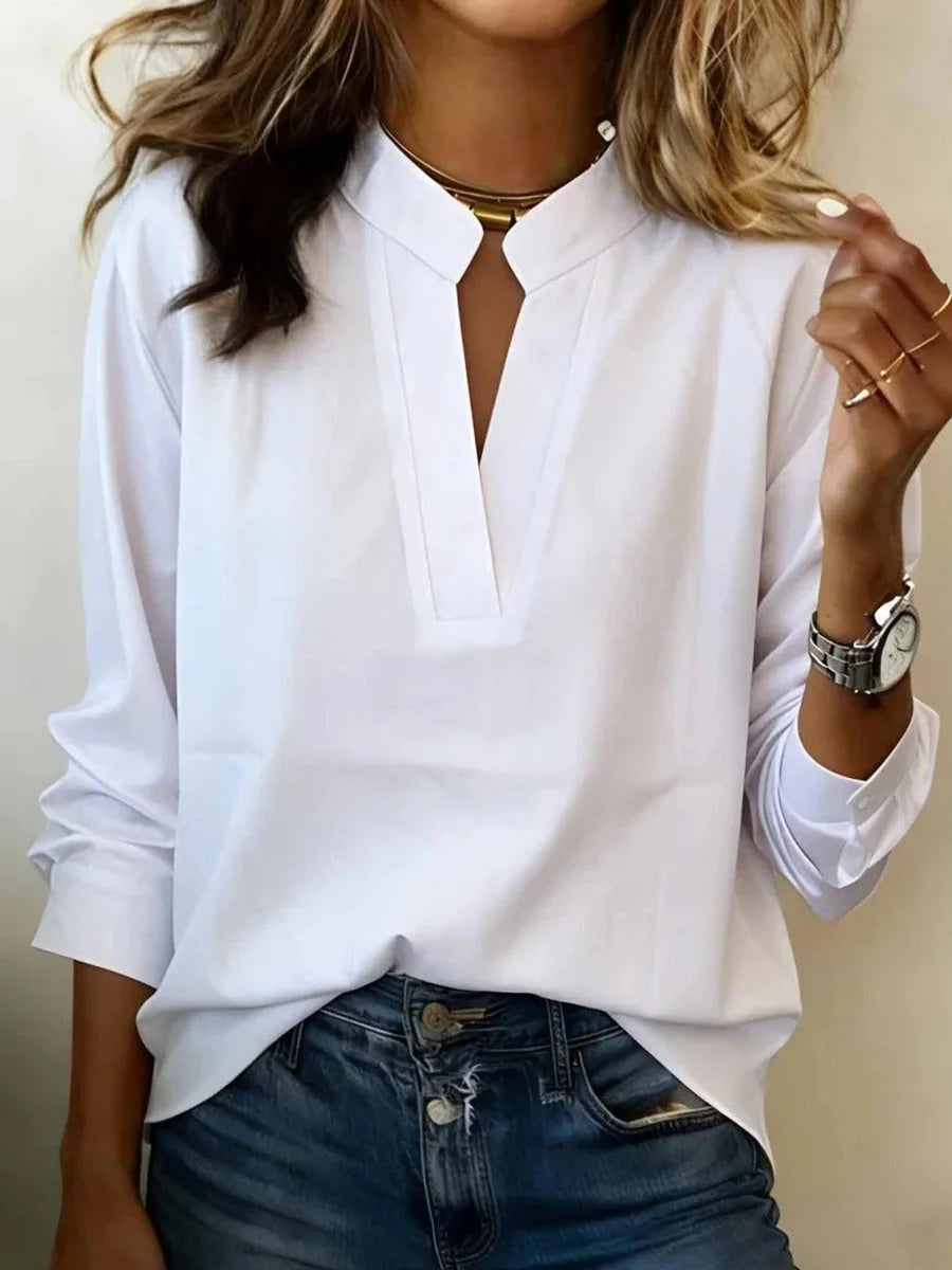 Basic White Plain V-Split Neck Long Sleeve Top