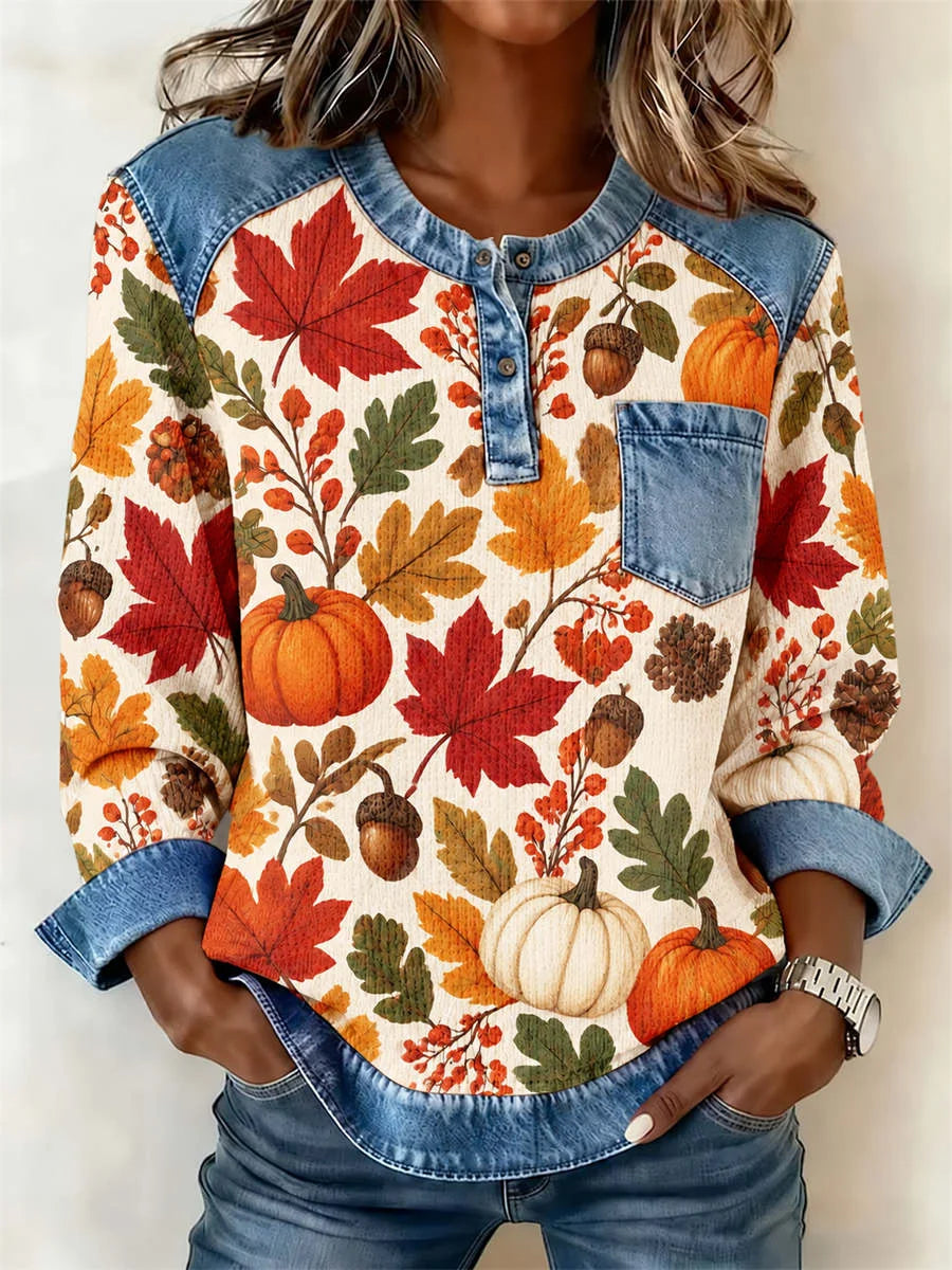 Casual Maple Leaf Half Open Collar Long Sleeve Sweatshirt