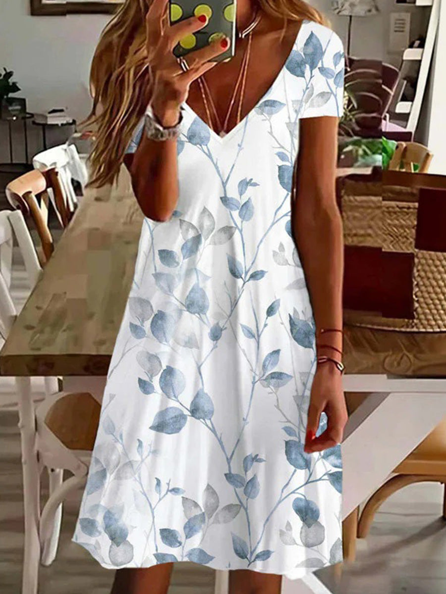 Casual Leaf Print V-neck Short Sleeve Dress
