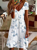 Casual Leaf Print V-neck Short Sleeve Dress