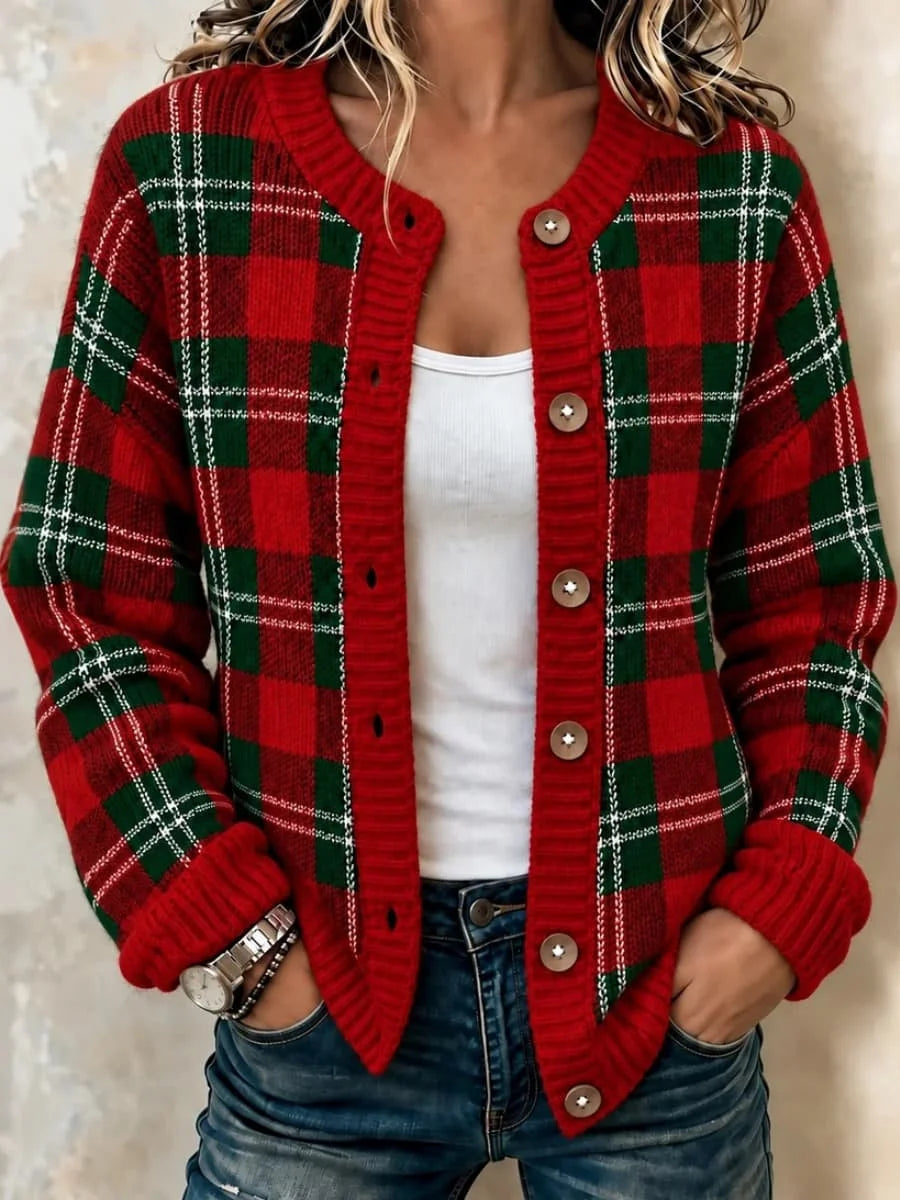 Women's Retro Plaid Art Print Knit Button Crew Neck Long Sleeve Cardigan