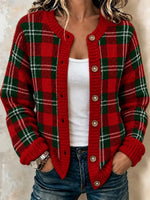 Women's Retro Plaid Art Print Knit Button Crew Neck Long Sleeve Cardigan