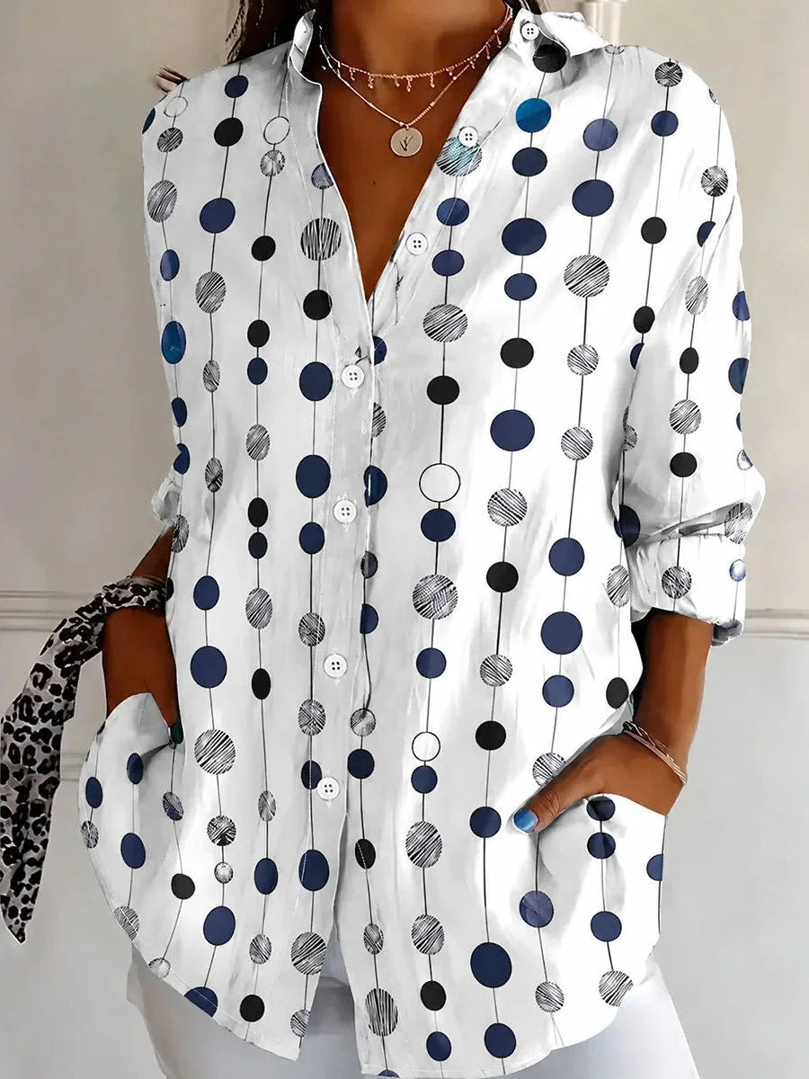 White Dot Vertical Line Lapel Collar Long Sleeve Shirt