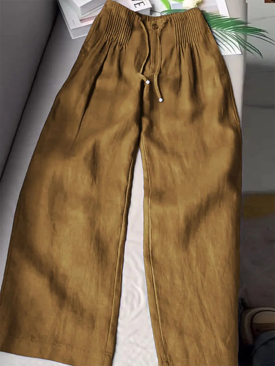 Women's Solid Color Pleated Drawstring Casual Wide Leg Pants