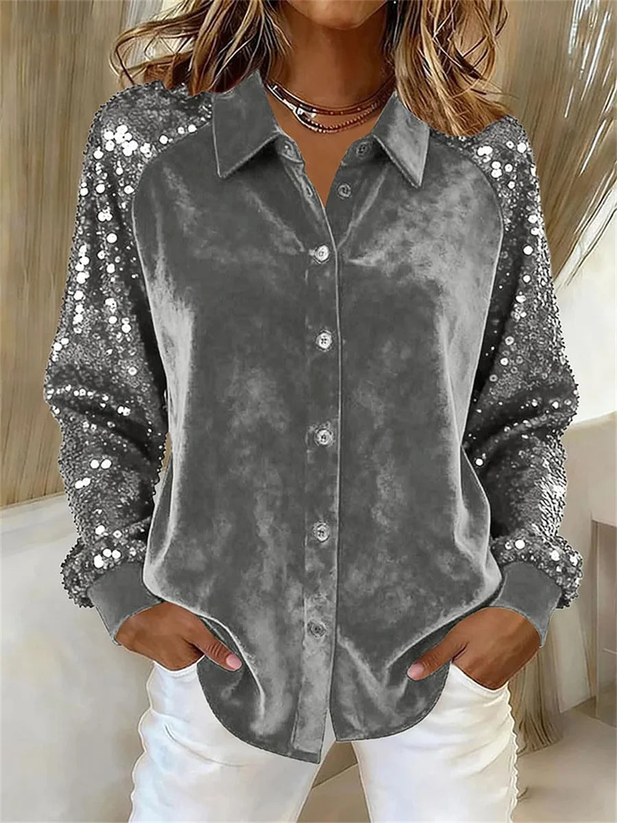 Women's Sequined Sleeve Patchwork Long Sleeve Velvet Loose Shirt