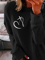 Black Casual Graphic Tops Round Neck Long Sleeve Heart Printed Sweatshirt