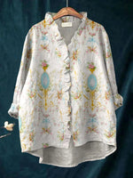 Vintage Floral Art Print Casual V-neck Long Sleeve Shirt