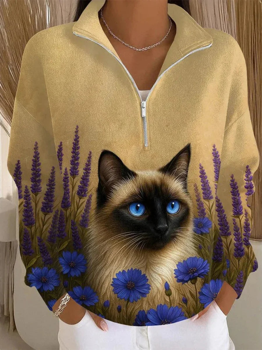 Vintage Cat Print Long Sleeve Sweatshirt