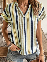 Women Striped Short Sleeve V-neck T-shirt