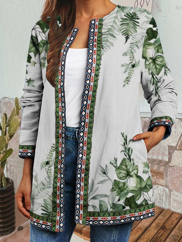 Green Casual Graphic Tops Round Neck Long Sleeve Leaf Printed Coat