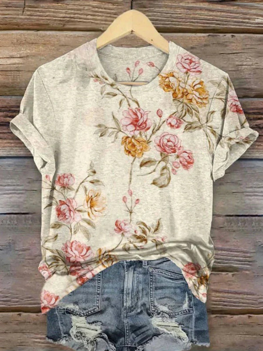 Vintage Floral Print Round Neck Short Sleeve T-Shirt
