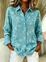 Women Floral Casual Shirt Collar Long Sleeve Buckle Top