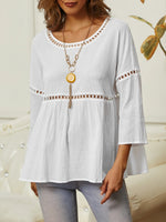 Plain Crew Neck 3/4 Sleeve White Comfy Blouse