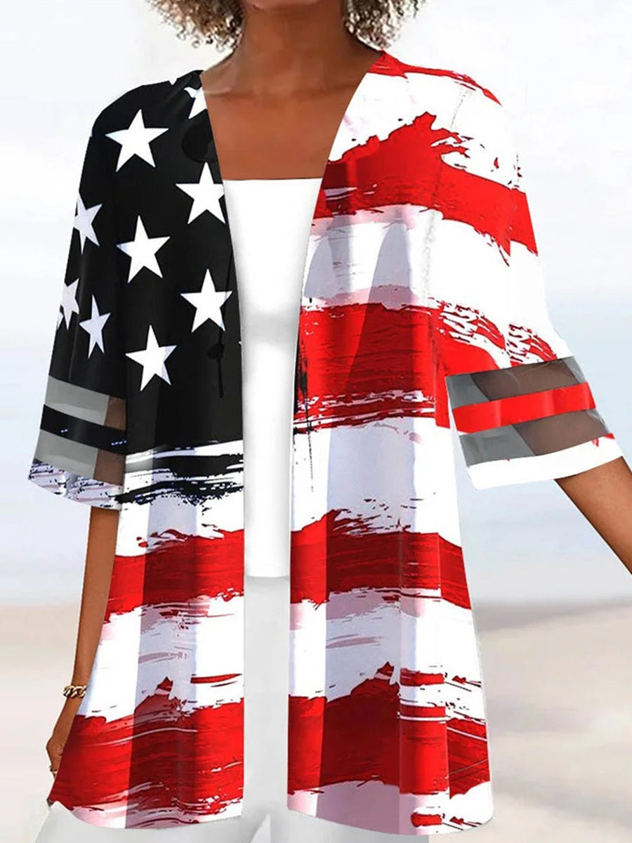 Red Striped Graphic Printed Half Sleeve Cardigan Two-Pieced Tops