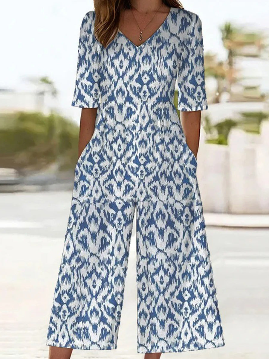 Geometric Print V Neck Half Sleeve Casual Jumpsuit