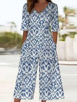 Geometric Print V Neck Half Sleeve Casual Jumpsuit