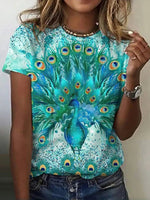 Vintage Peacock Print Round Neck Short Sleeve T-Shirt