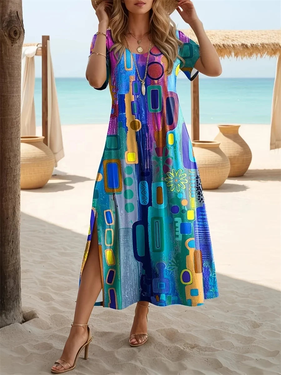 Women Abstract Print Crew Neck Short Sleeve H-Line Dress