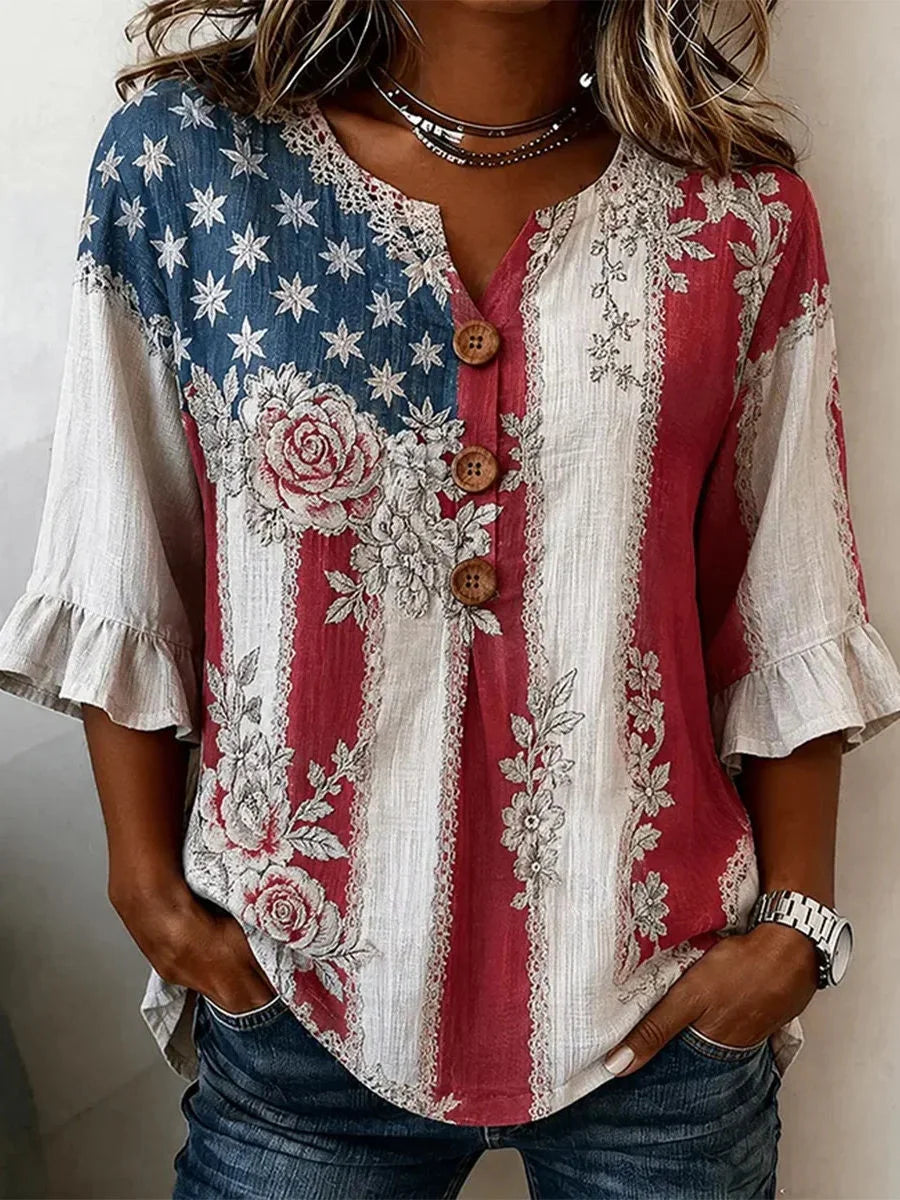American Flag Floral Lace Ruffle 3/4 Sleeve Blouse