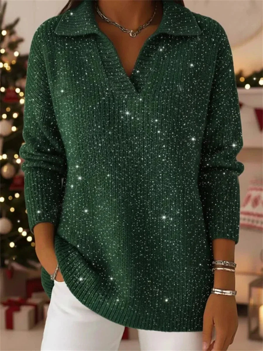 Christmas Party Polo Collar Long Sleeve Shiny Loose Sweater