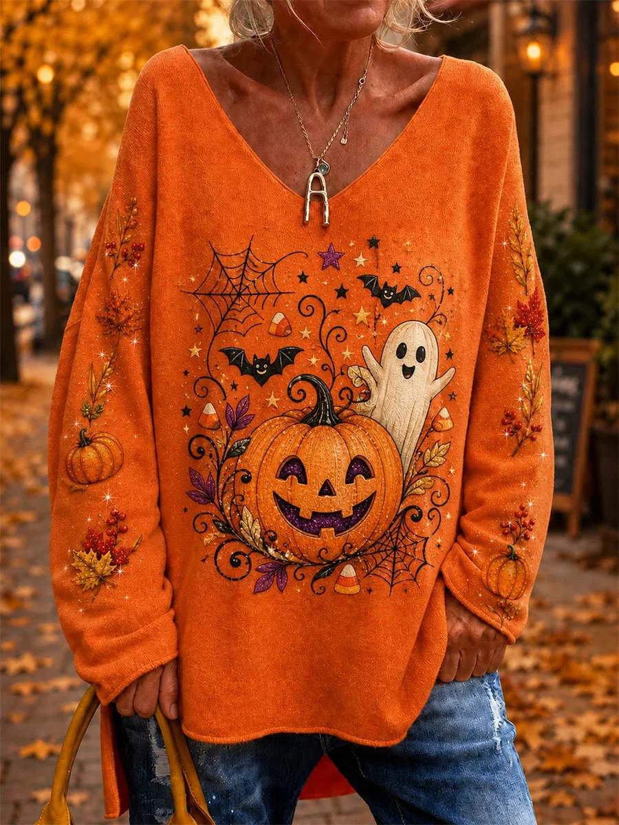 Loose Casual Printing Halloween V-neck Long Sleeve Knit Top