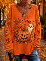 Loose Casual Printing Halloween V-neck Long Sleeve Knit Top