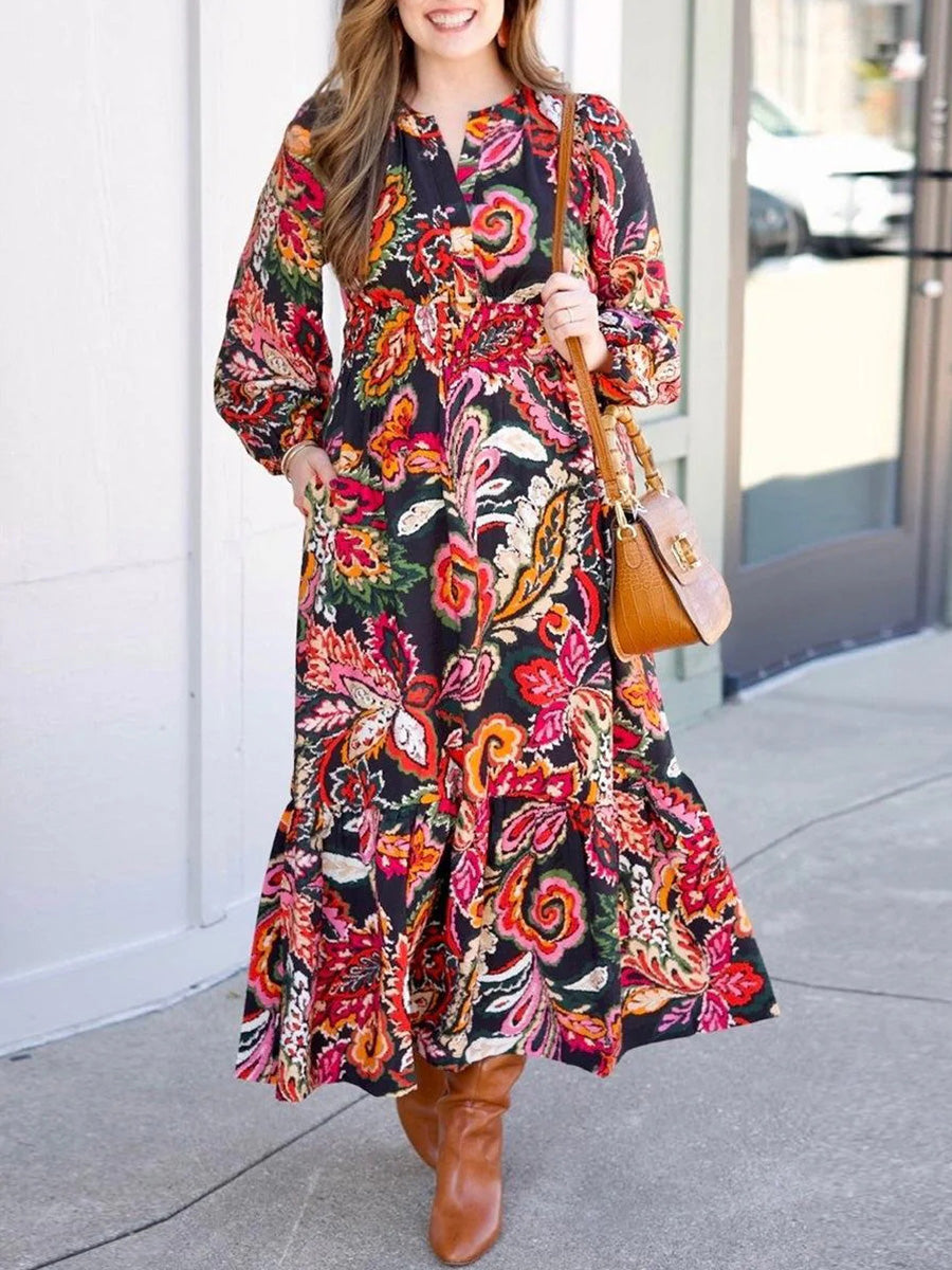 Showy V-neck Long Sleeve Red Maxi Dress