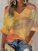Women's Fall Leaf Print V-neck Half Sleeve Waffle T-Shirt