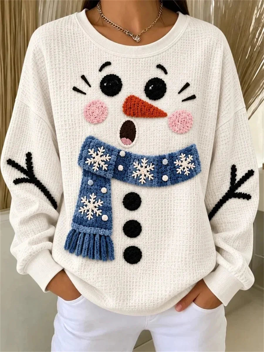 Women Casual Christmas Snowman Round Neck Long Sleeve Sweatshirt