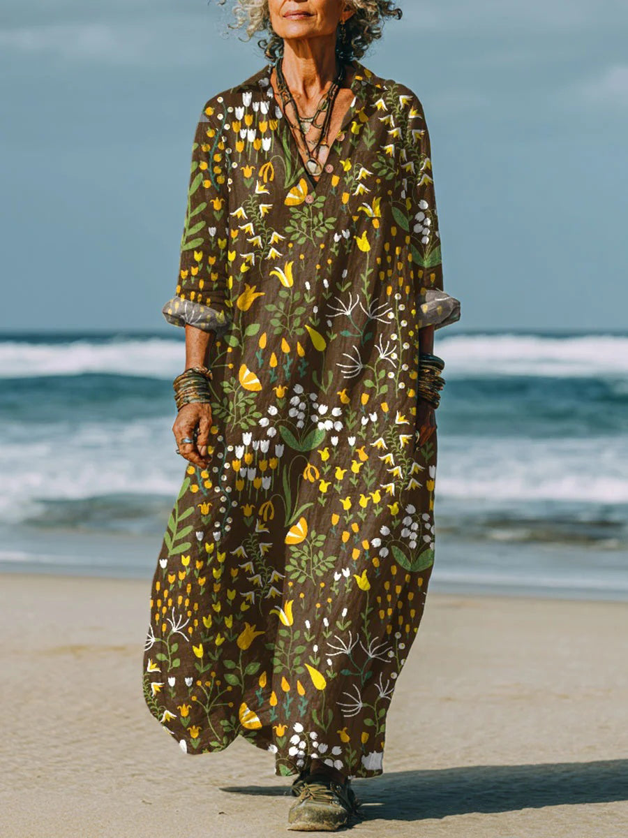 Women's Vintage Flower Art Print Long Sleeve Casual Dress